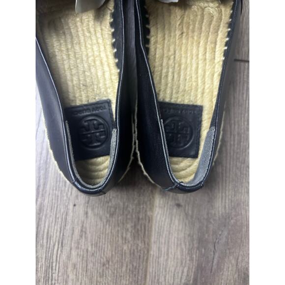 Tory Burch Espadrille Flats Black Leather Logo Size 8.5 Casual Slip On - Picture 6 of 6